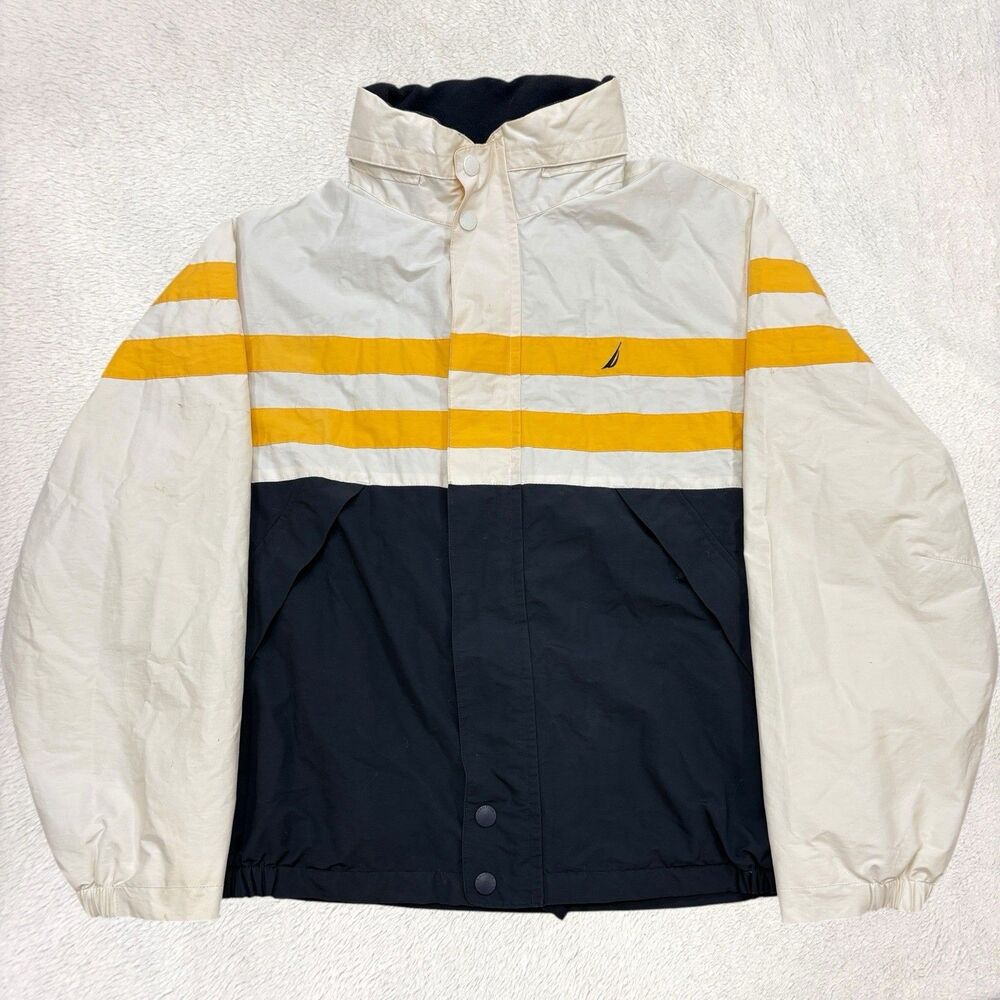 Vtg Nautica Reversible Hood Jacket Mens XL Blue White Colorblock Yellow Winter